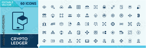 Set of Crypto Ledger line icons. It contains symbols to smart, on, exchange, computer, Blockchain, centralized, mining, block. Web icons. Solid line editable stroke.