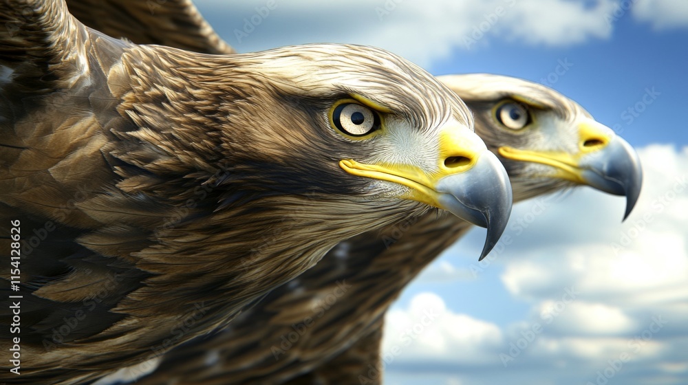 Obraz premium Majestic Eagles Soaring Against a Dramatic Sky, Capturing the Essence of Wildlife with Their Intense Gaze and Graceful Wings in a Stunning Close-Up View