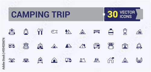 Camping Trip icon set. Related to tourism, knife, tour, vacation, tree, canoe and more. Simple line vector. Vector outline and solid icons collection.