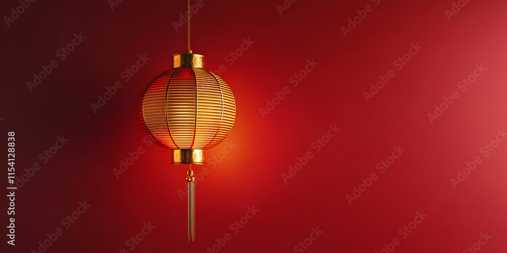 Obraz premium Golden Lantern, Chinese New Year: A golden lantern hangs against a vibrant red background, symbolizing hope, prosperity, and good fortune in the upcoming year.