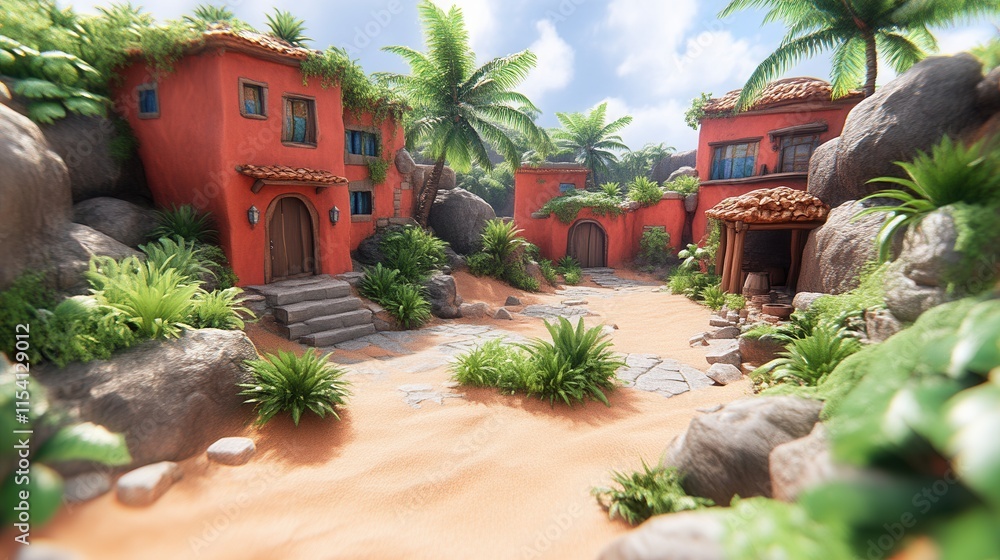 Obraz premium Tropical village nestled between rocks.