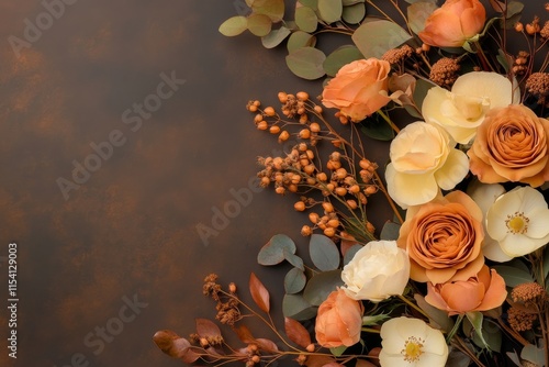 Colorful floral arrangement featuring orange and white roses with autumn foliage set against a dark background photo