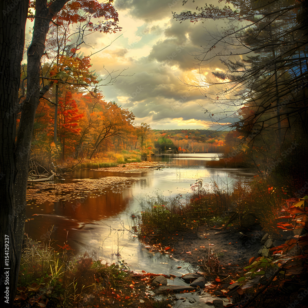 Naklejka premium Autumn Lake with Golden Leaves and Tranquil Reflections