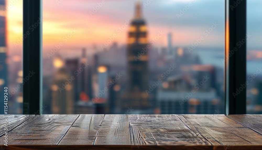 Rustic Wood Table with Sunset City View Through Blurred Window in Urban Landscape Rustic Wood Table with Sunset City View Through Blurred Window in Urban Landscape