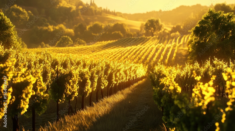 Naklejka premium Golden Hour Vineyard Rows Bask In Sunset Light