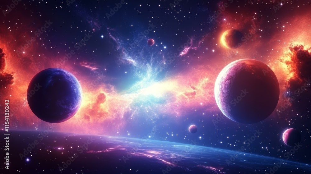 Obraz premium Colorful Nebula and Planets in Outer Space