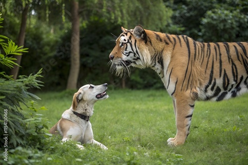 A tiger and a dog meet in a lush forest clearing, curiously observing each other. The tiger stands tall and majestic, while the dog wags its tail, friendly and excited.