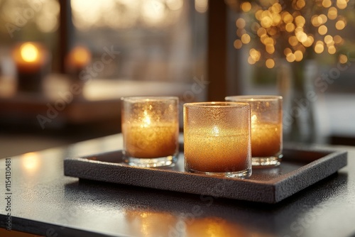 Evening relaxation with glowing candles in a cozy indoor setting photo