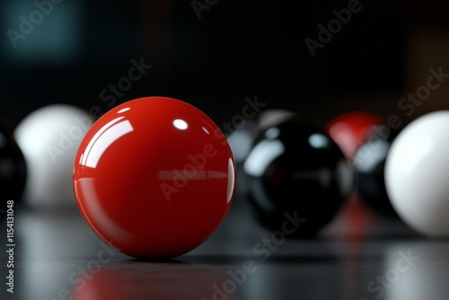 Colorful billiard balls arranged on a dark surface with a focus on a red ball