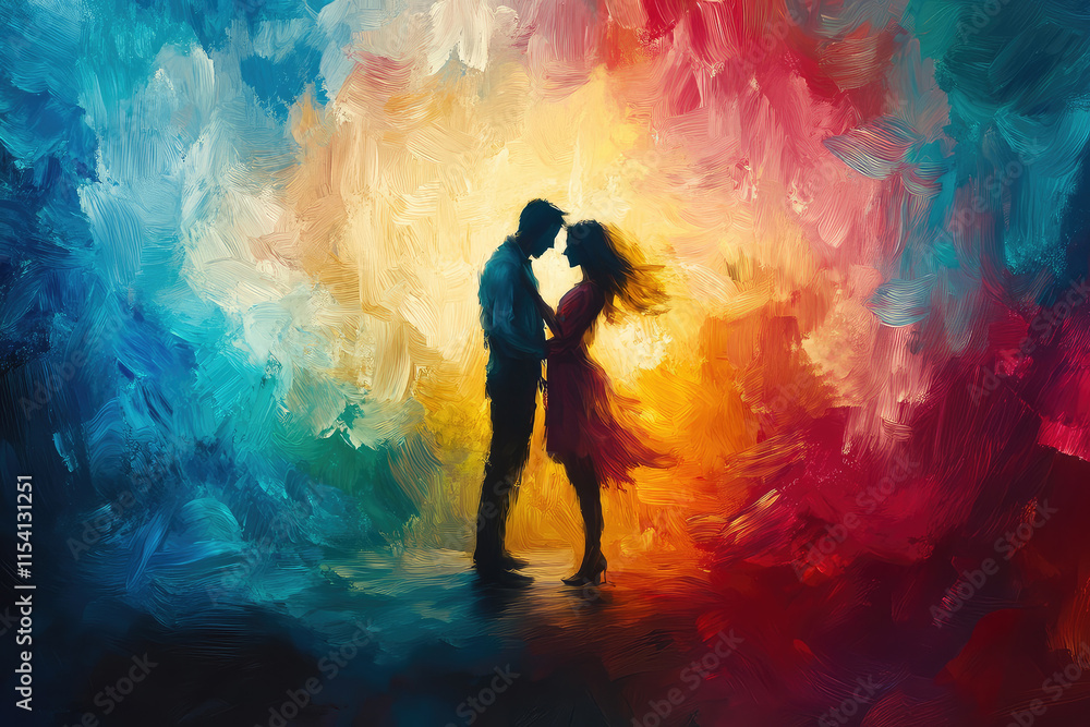 Silhouette of couple embracing in colorful, abstract background, showcasing vibrant passion and connection. warm hues create energetic atmosphere of love Silhouette of couple embracing in colorful, abstract background, showcasing vibrant passion and connection. warm hues create energetic atmosphere of love