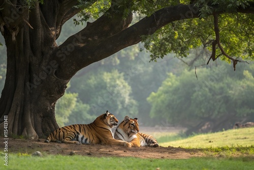 A majestic tiger couple rests peacefully under the shade of a sprawling tree, their vivid stripes blending harmoniously with the serene, sun-dappled forest backdrop.