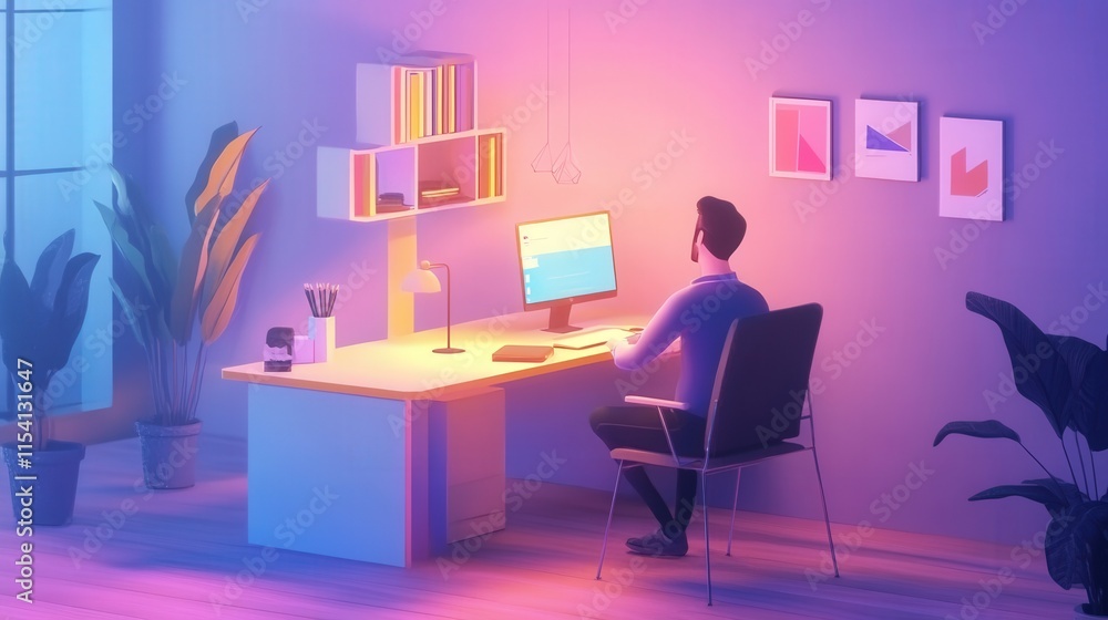 Man Working at Home Office Desk in Evening Light Man Working at Home Office Desk in Evening Light