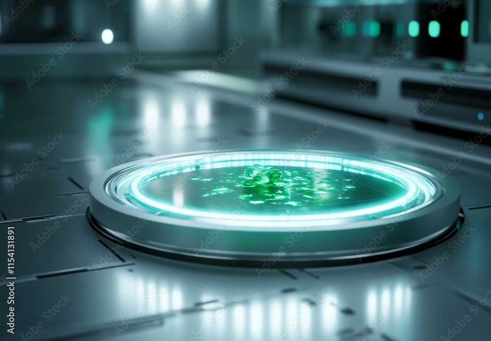 Futuristic Circular Platform Displaying Glowing Green Data in a High-Tech Laboratory Setting at Night Futuristic Circular Platform Displaying Glowing Green Data in a High-Tech Laboratory Setting at Night