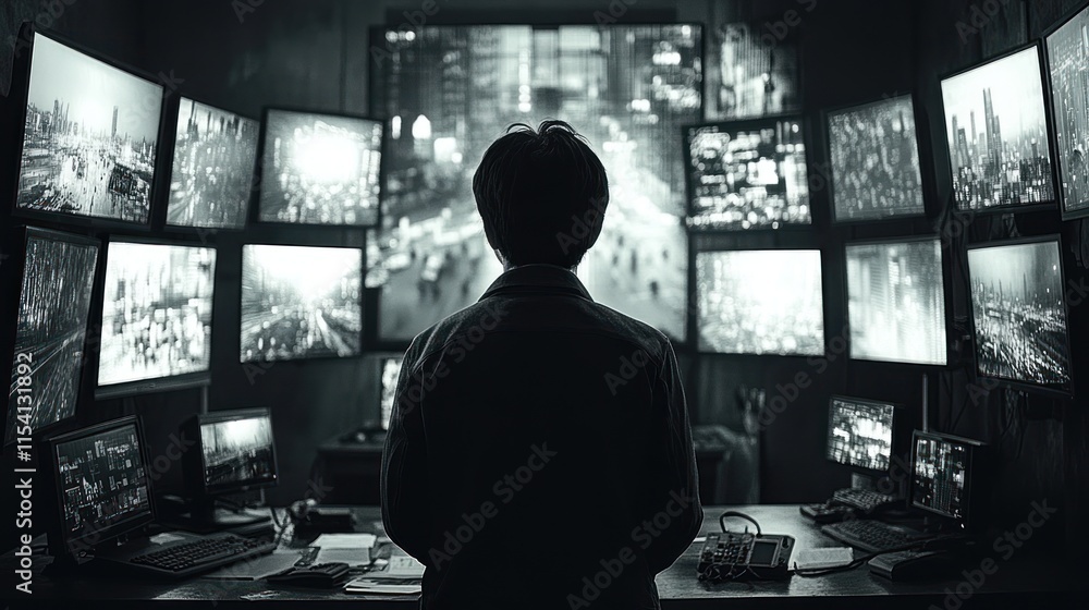 A silhouette observes multiple surveillance screens in a dark room, emphasizing monitoring and control. A silhouette observes multiple surveillance screens in a dark room, emphasizing monitoring and control.