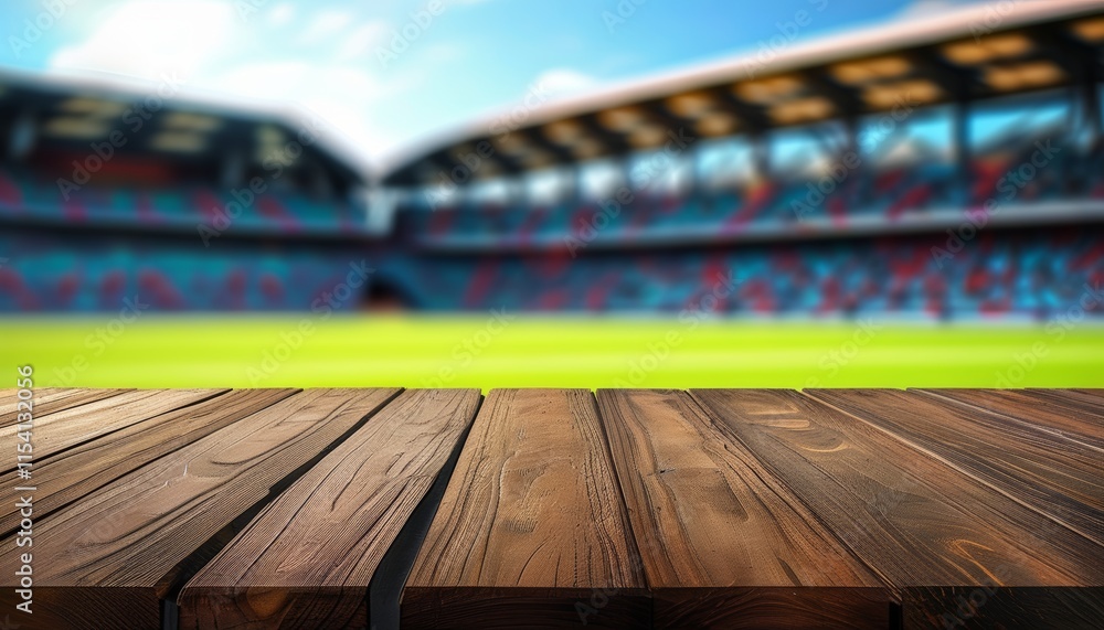 Blurred Football Stadium Background with Rustic Wooden Table Top for Creative Design Projects Blurred Football Stadium Background with Rustic Wooden Table Top for Creative Design Projects