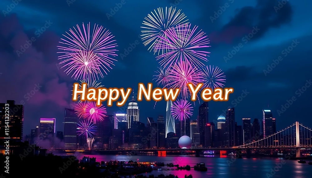 fireworks over the city and happy new year fireworks over the city and happy new year
