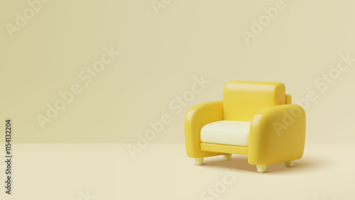Yellow sofa chair and empty wall 3d realistic sunny interior background. Minimal three dimensional vector furniture banner design.