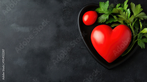 vibrant red heart on black plate with fresh parsley, symbolizing health and wellness. Perfect for health related themes photo