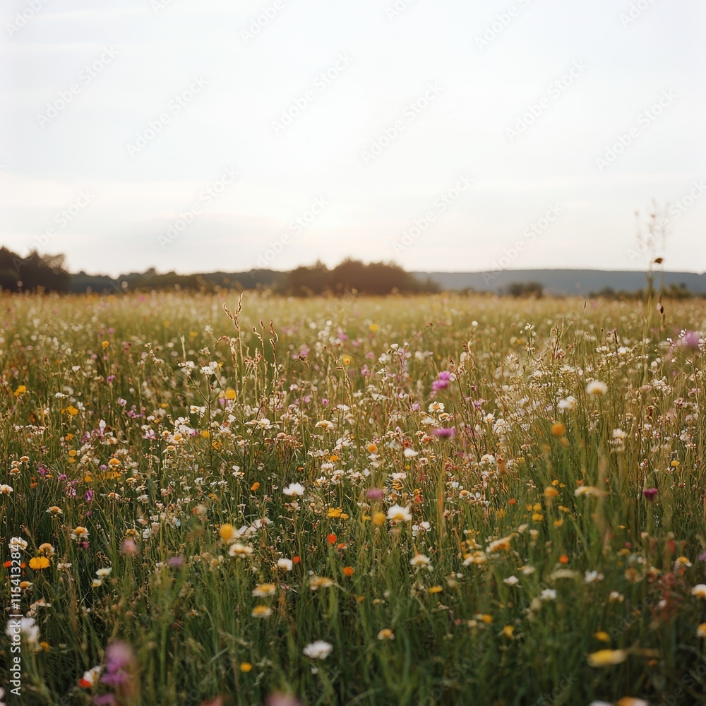 Fototapeta premium Wildflower Field Blooming Under the Soft Sunlight in a Serene Countryside Landscape During Early Summer