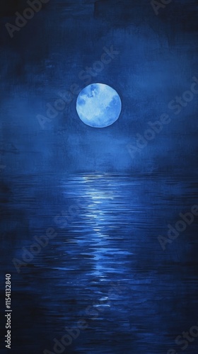 Nighttime Ocean View Illuminated by a Full Moon Reflecting in Calm Waters Against a Deep Blue Sky
