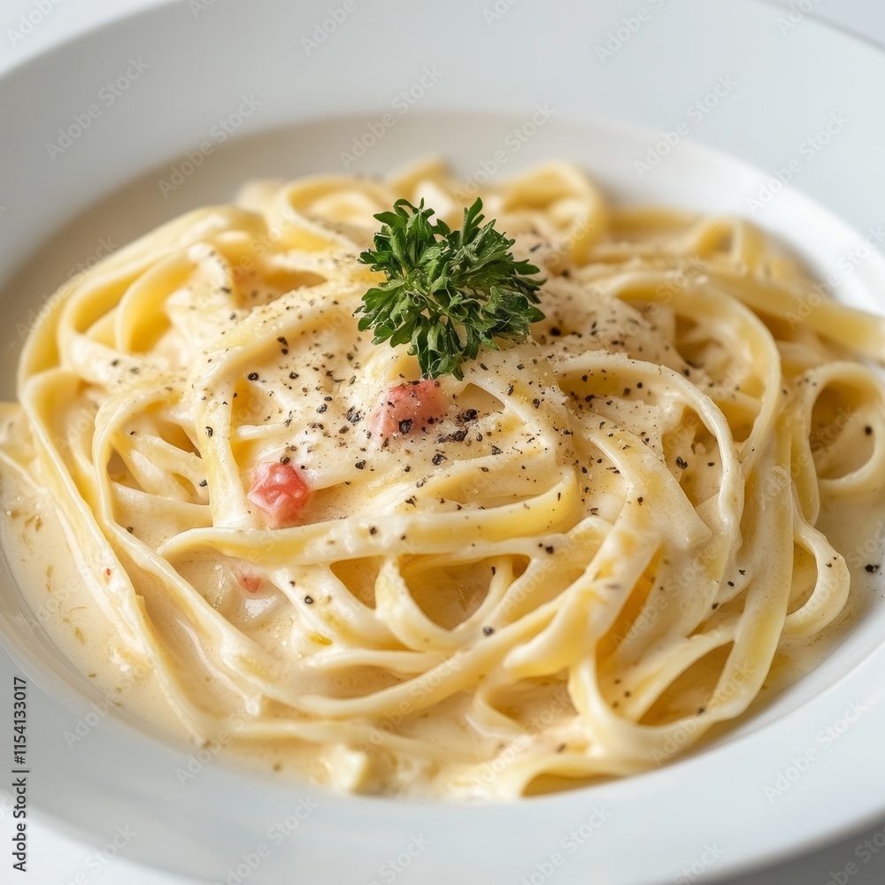Creamy Fettuccine Pasta Topped With a Sprig of Parsley and Black Pepper Served in a White Bowl in a Restaurant Setting Creamy Fettuccine Pasta Topped With a Sprig of Parsley and Black Pepper Served in a White Bowl in a Restaurant Setting