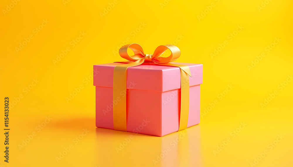 Fototapeta premium A pink gift box adorned with a yellow ribbon, set against a bright yellow background, generative ai