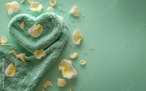 A serene spa moment with a heart-shaped towel fold and scattered petals, on a light green background