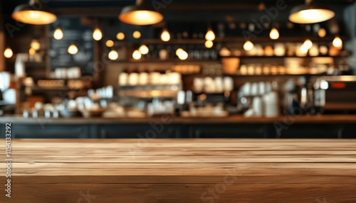 Elegant Wooden Tabletop with Warm Ambient Lighting in Modern Coffee Shop Setting