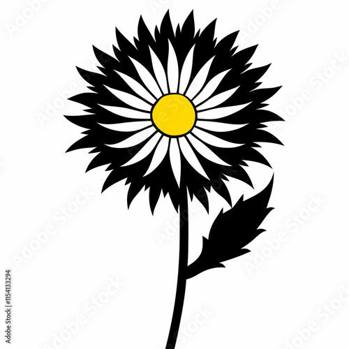 White Aster with Yellow Center and Thin Petals - Black Silhouette on White Background