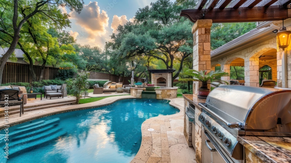 Fototapeta premium Luxury backyard oasis with pool, grill, and pergola at sunset.