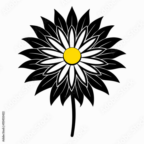 White Aster with Yellow Center and Thin Petals - Black Silhouette on White Background