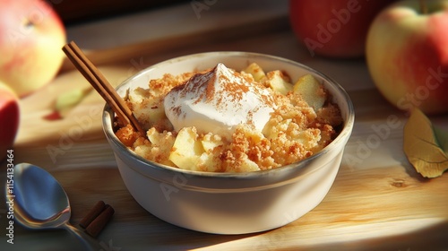 Apple Crumble Dessert Topped With Whipped Cream And Cinnamon photo