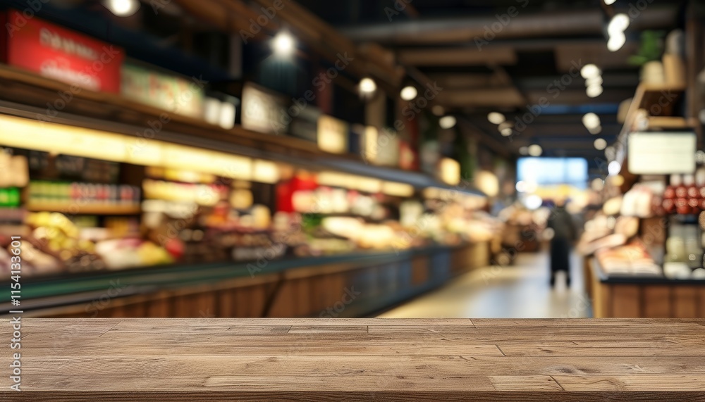 Wooden Table Top Texture in Upscale Market Environment with Blurred Background Wooden Table Top Texture in Upscale Market Environment with Blurred Background