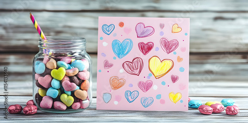 A colorful display of heart-themed candies and a greeting card, perfect for celebrations.