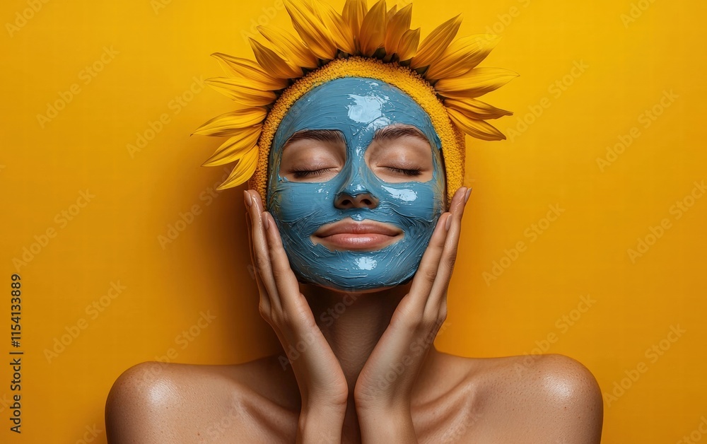 Calm woman enjoying a blue clay mask, on a sunflower yellow background spa and relaxation Calm woman enjoying a blue clay mask, on a sunflower yellow background spa and relaxation