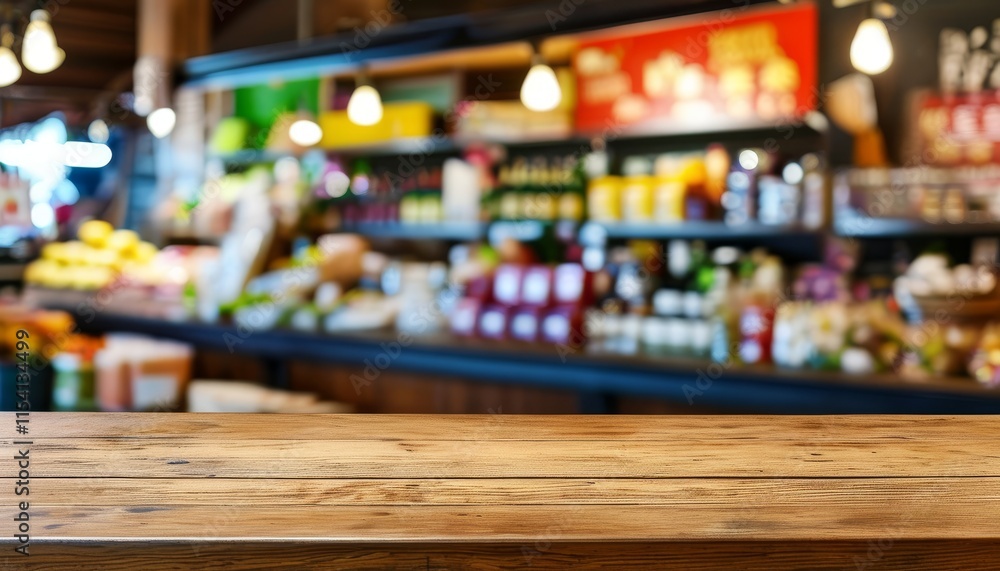Rustic Wooden Countertop Displaying Smooth Texture in Upscale Grocery Shop Environment Rustic Wooden Countertop Displaying Smooth Texture in Upscale Grocery Shop Environment