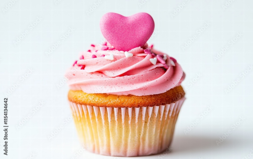 A vibrant cupcake with pink frosting and a small heart-shaped topper, perfect for valentines day, on a bright white background A vibrant cupcake with pink frosting and a small heart-shaped topper, perfect for valentines day, on a bright white background