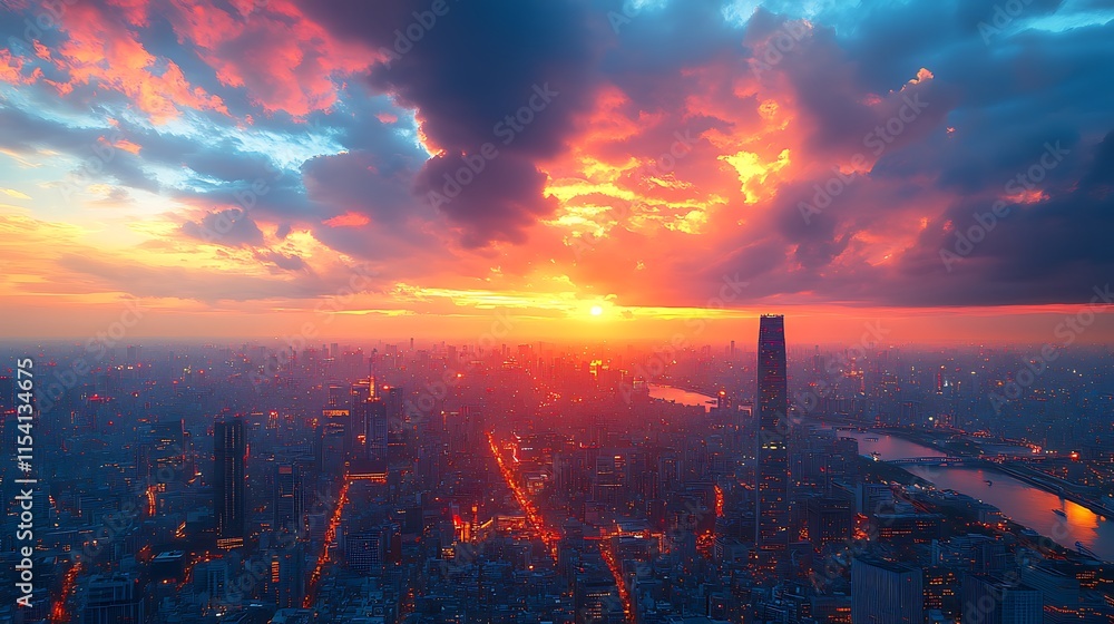 Fototapeta premium Cityscape Sunset Dramatic Cloudscape Illuminates Urban Skyline