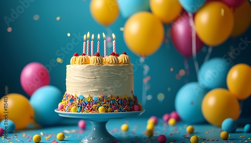 A delightful birthday cake with smooth frosting, colorful sprinkles, and glowing candles. Surrounded by balloons, this setup brings festive charm to any occasion. photo