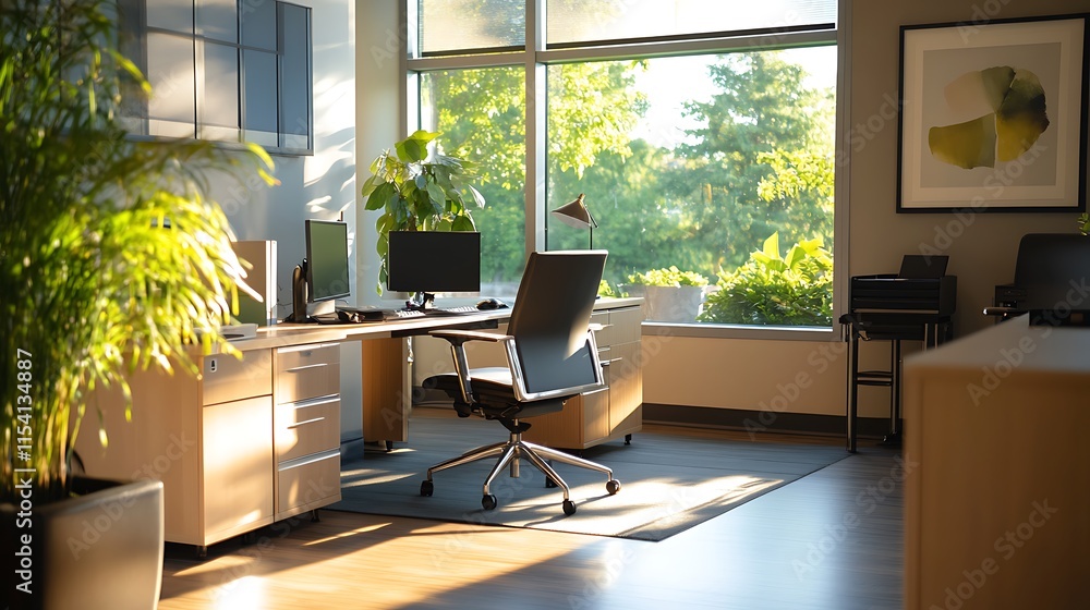Sunlit modern office with desk, chair, plants, and window view. Sunlit modern office with desk, chair, plants, and window view.
