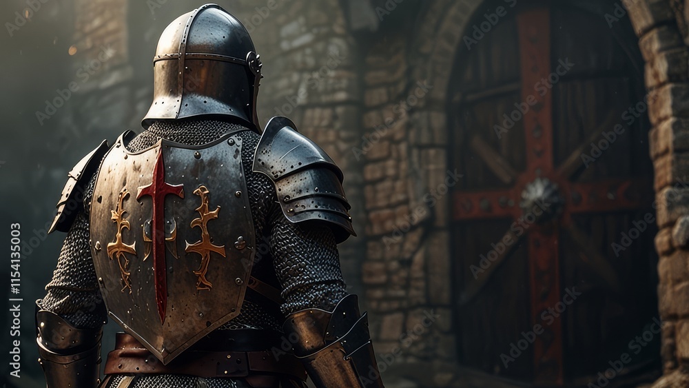 view of epic powerful medieval knight with sword and metal shield guardian warrior, mystic fantasy battle view of epic powerful medieval knight with sword and metal shield guardian warrior, mystic fantasy battle