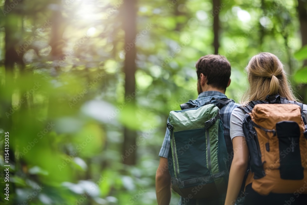 Couple exploring lush forest trails, backpacks loaded with adven Couple exploring lush forest trails, backpacks loaded with adven