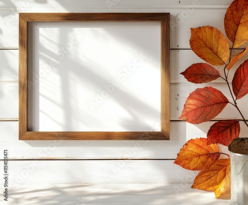 Autumn Decor Featuring a Rustic Wooden Frame and Vibrant Orange Leaves on a White Wooden Background in a Cozy Indoor Setting