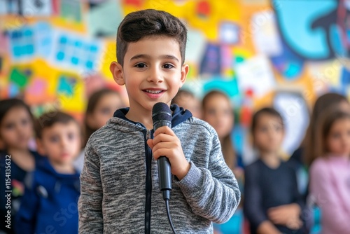 Cute boy holding microphone on stage, dressed as a snowman