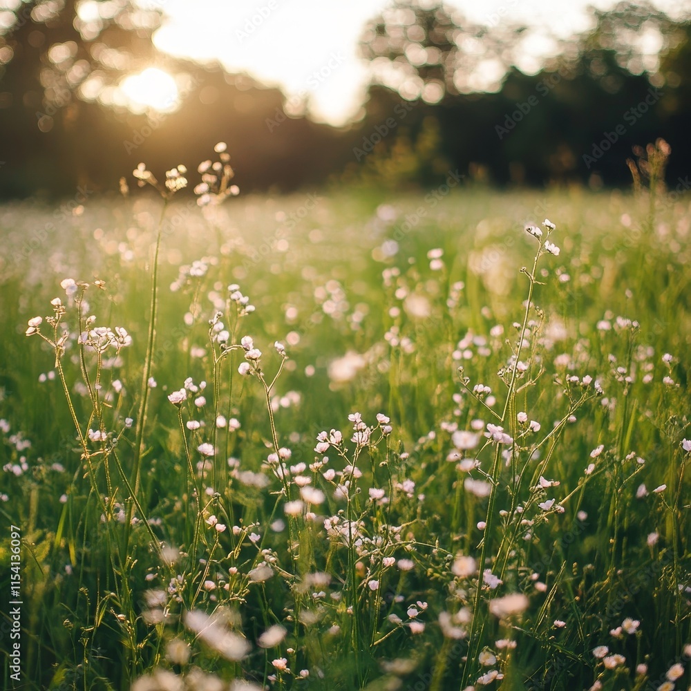 Fototapeta premium Sunset Illuminates a Meadow Filled With Delicate Wildflowers in a Tranquil Landscape During Warm Summer Evening