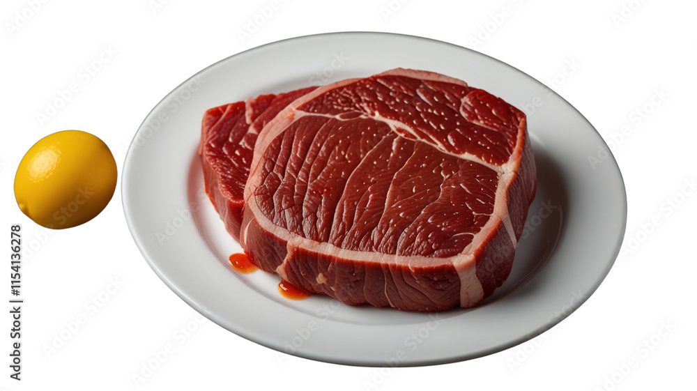 Raw Beef Steak with Fat on White Plate, Isolated Raw Beef Steak with Fat on White Plate, Isolated