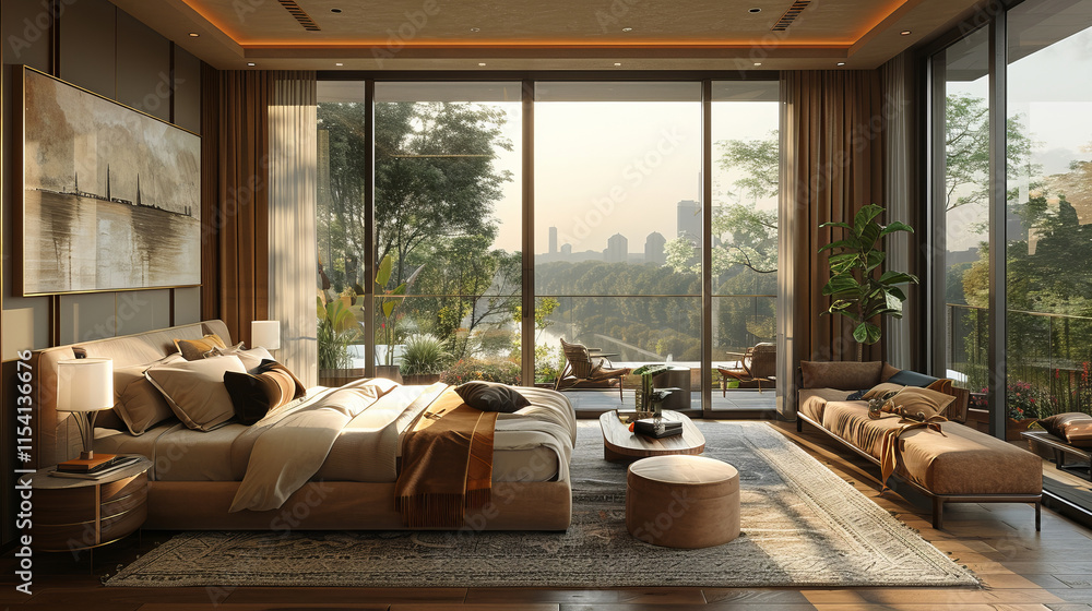Fototapeta premium A luxurious beige-themed bedroom with a spacious layout, large floor-to-ceiling windows overlooking lush greenery and a distant cityscape, elegant furniture, and warm lighting.