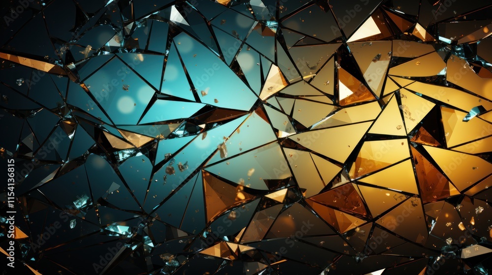 Shattered Glass Abstract: A Kaleidoscope of Gold and Teal Fragments Shattered Glass Abstract: A Kaleidoscope of Gold and Teal Fragments