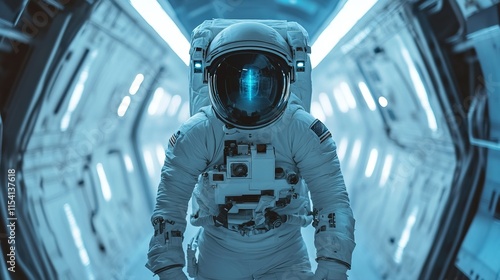 Astronaut, helmet and walking in spaceship tunnel for launch, moon journey and mission for science research. Person, spacesuit and corridor of shuttle for adventure, protection and travel to planet