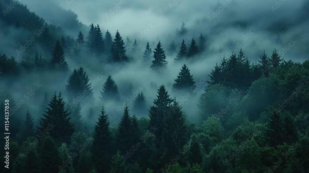 A shot of a misty morning forest with fog rolling through the trees. A shot of a misty morning forest with fog rolling through the trees.